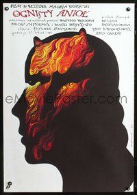 3c382 OGNISTY ANIOL Polish 26x38 '85 weird art of flaming face-within-a-face by Wieslaw Walkuski!