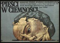 3c399 PESTI VE TME Polish 26x38 poster '86 surreal Wieslaw Walkuski art of crushed face on a rock!
