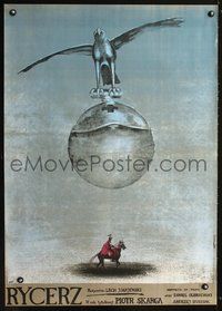 3c338 KNIGHT Polish '80 Rycerz, bizarre Andrzej Pagowski art of bird w/ball over knight on horse!