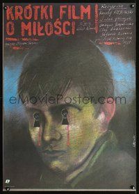 3c427 SHORT FILM ABOUT LOVE Polish 26x38 '88 wild Pagowski art of boy w/bleeding keyholes for eyes!