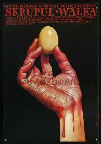 3c428 SKRUPUL WALKA Polish 26x38 '00 disturbing Wieslaw Walkuski art of bloody hand holding an egg!