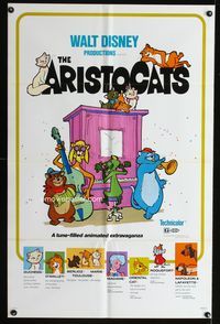 3d040 ARISTOCATS one-sheet movie poster R80 Walt Disney feline jazz musical cartoon, great image!