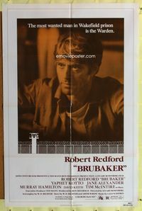 3d113 BRUBAKER one-sheet '80 warden Robert Redford is the most wanted man in Wakefield prison!