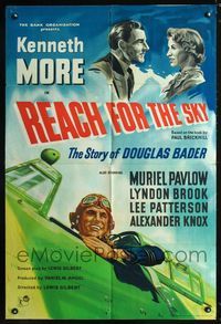 3d758 REACH FOR THE SKY English one-sheet poster '57 cool artwork of pilot Kenneth More in airplane!