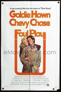 3d292 FOUL PLAY one-sheet '78 wacky Lettick art of Goldie Hawn & Chevy Chase, screwball comedy!