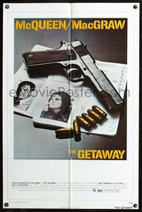 3d321 GETAWAY one-sheet movie poster '72 Steve McQueen, Ali McGraw, Sam Peckinpah, cool gun image!