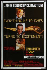 3d335 GOLDFINGER one-sheet movie poster R80 three great images of Sean Connery as James Bond 007!