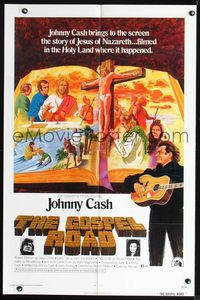 3d342 GOSPEL ROAD one-sheet '73 artwork of Biblical Johnny Cash with guitar & scenes of Jesus!