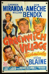 3d351 GREENWICH VILLAGE one-sheet '44 sexy full-length Carmen Miranda, Don Ameche, William Bendix