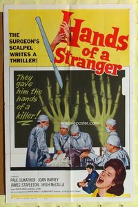 3d362 HANDS OF A STRANGER one-sheet movie poster '62 cool hand transplant surgery & X-ray image!