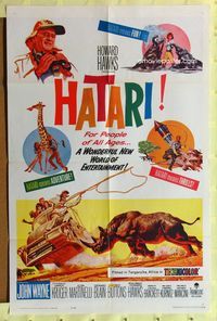 3d368 HATARI one-sheet movie poster '62 John Wayne, Howard Hawks, great artwork images of Africa!