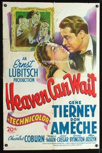 3d373 HEAVEN CAN WAIT one-sheet poster '43 Gene Tierney, Don Ameche, directed by Ernst Lubitsch!
