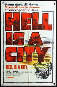 3d377 HELL IS A CITY one-sheet movie poster '60 Hammer, Stanley Baker, temptation is a woman!