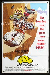 3d382 HERBIE GOES TO MONTE CARLO one-sheet '77 Disney, wacky art of Volkswagen Beetle car racing!