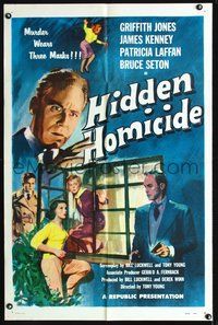 3d385 HIDDEN HOMICIDE one-sheet poster '58 this English murderer wears three masks, cool crime art!