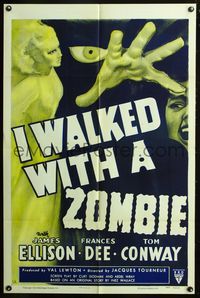 3d406 I WALKED WITH A ZOMBIE style A one-sheet '43 Val Lewton, Jacques Tourneur, awesome horror art!