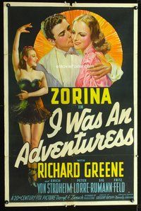3d408 I WAS AN ADVENTURESS 1sh '40 Vera Zorina, Erich von Stroheim, Peter Lorre, great romantic art