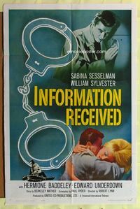 3d417 INFORMATION RECEIVED one-sheet poster '62 Robert Lynn, Sabina Sesselmann, crime thriller!