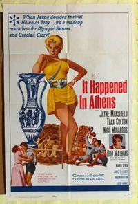 3d429 IT HAPPENED IN ATHENS one-sheet poster '62 super sexy Jayne Mansfield rivals Helen of Troy!