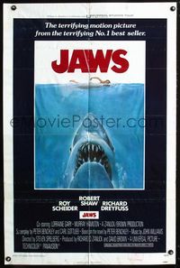 3d435 JAWS int'l one-sheet movie poster '75 artwork of Steven Spielberg's classic man-eating shark!