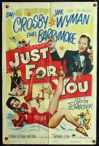 3d445 JUST FOR YOU one-sheet movie poster '52 Bing Crosby & sexy Jane Wyman on telephone!