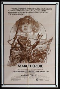 3d571 MARCH OR DIE Deneuve Sketch Style 1sh '76 Gene Hackman, Terence Hill, cool Drew Struzan artwork!