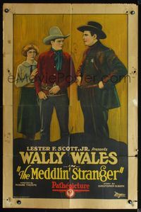 3d004 MEDDLIN' STRANGER 1sheet '27 cool stone litho of Wally Wales and his girl, talking to sheriff