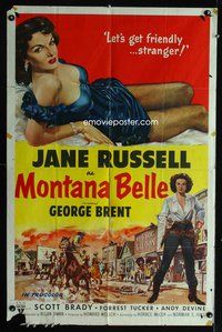 3d608 MONTANA BELLE 1sheet '52 two huge sexy images of Jane Russell who wants to get friendly!