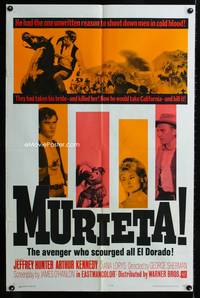 3d619 MURIETA one-sheet '65 Jeffrey Hunter, Arthur Kennedy, the avenger who scourged all El Dorado!