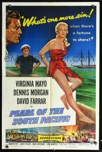 3d708 PEARL OF THE SOUTH PACIFIC one-sheet '55 art of sexy Virginia Mayo in sarong & Dennis Morgan!