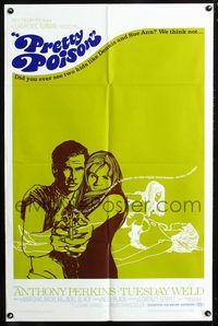 3d732 PRETTY POISON one-sheet '68 cool artwork of psycho Anthony Perkins & psycho Tuesday Weld!