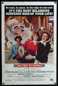 3d840 SILVER STREAK one-sheet '76 art of Gene Wilder, Richard Pryor & Jill Clayburgh by Gross!
