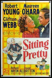 3d845 SITTING PRETTY 1sheet '48 art of Robert Young, Maureen O'Hara, Clifton Webb as Mr. Belvedere!