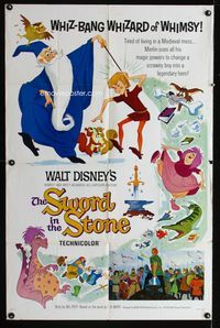 3d895 SWORD IN THE STONE one-sheet '64 Disney's story of King Arthur & Merlin, great cartoon art!