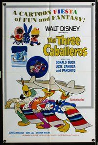 3d919 THREE CABALLEROS one-sheet poster R77 great artwork of Donald Duck, Panchito & Joe Carioca!
