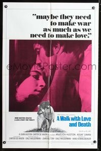 3d962 WALK WITH LOVE & DEATH int'l one-sheet '69 John Huston, Anjelica Huston romantic close up!