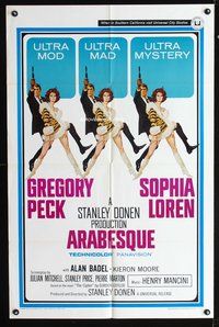 3e037 ARABESQUE one-sheet '66 Gregory Peck, sexy Sophia Loren, ultra mod, ultra mad, ultra mystery!