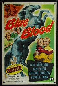 3e086 BLUE BLOOD one-sheet '51 Bill Williams, Jane Nigh, great horse racing & black stallion image!