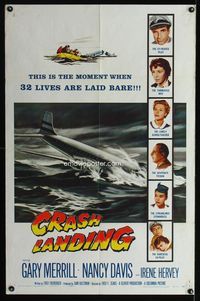 3e137 CRASH LANDING 1sh '58art of plane crashing into water, the moment when 32 lives are laid bare