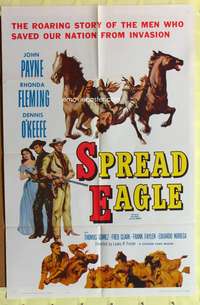 3e196 EAGLE & THE HAWK one-sheet R61 Spread Eagle! John Payne, Rhonda Fleming, cool cowboy artwork!