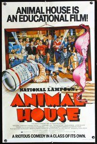 3e028 ANIMAL HOUSE English one-sheet '78 John Belushi, Landis classic, cool Budweiser can artwork!