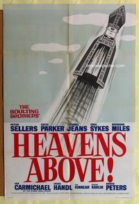 3e306 HEAVEN'S ABOVE English one-sheet '63 Peter Sellers, wacky bishop-rocket art by Donald Parker!
