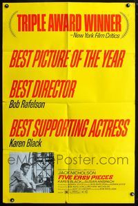 3e233 FIVE EASY PIECES awards style one-sheet poster '70 great image of Jack Nicholson, Bob Rafelson