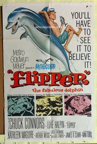 3e240 FLIPPER one-sheet movie poster '63 Chuck Connors, Luke Halpin, cool art of boy & dolphin!