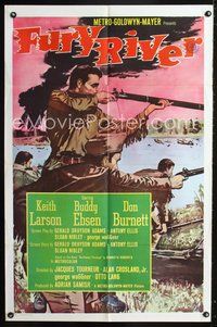 3e258 FURY RIVER int'l 1sh '61 Buddy Ebsen, different art of pioneers fighting in river!