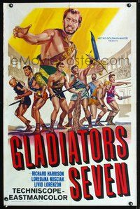 3e273 GLADIATORS SEVEN int'l 1sh '63 art of 7 Spartan warriors fighting with the fury of thousands!