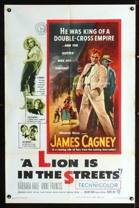 3e391 LION IS IN THE STREETS one-sheet '53 the gutter was James Cagney's throne, sexy Barbara Hale!