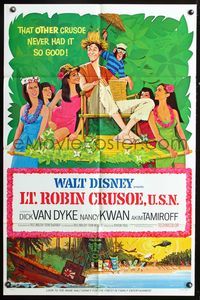3e408 LT. ROBIN CRUSOE, U.S.N. style A 1sh '66 Disney, cool art of Dick Van Dyke with island babes!