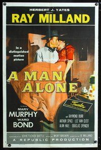 3e420 MAN ALONE style A one-sheet '55 art of star & director Ray Milland carrying Mary Murphy!
