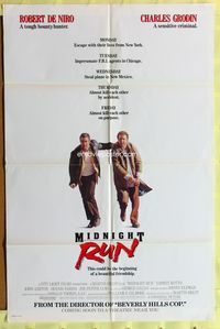 3e438 MIDNIGHT RUN advance one-sheet '88 Robert De Niro with Charles Grodin who stole $15 million!